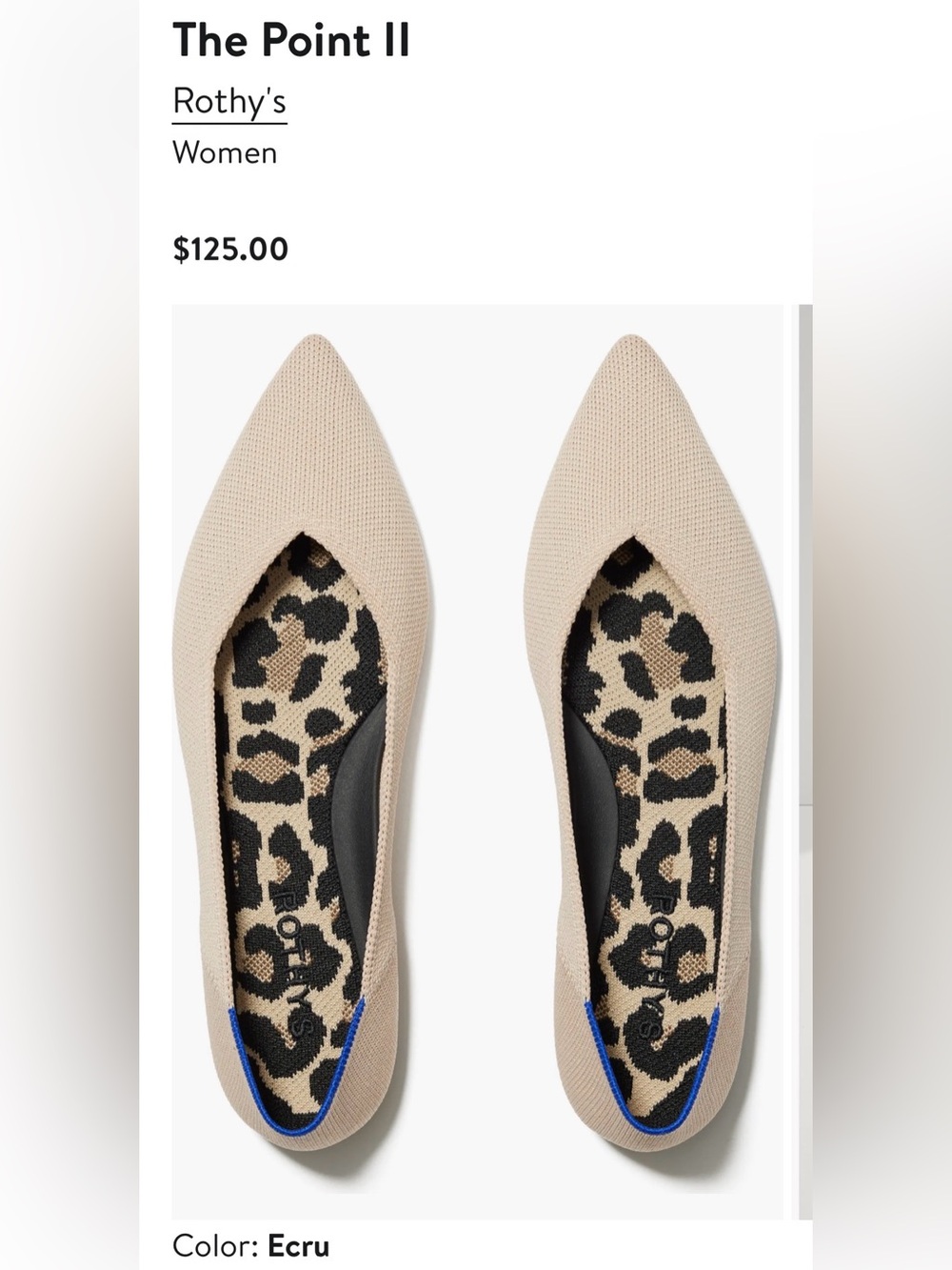Rothy's Beige Knit Pointed-Toe Flats with Leopard Insole Accents